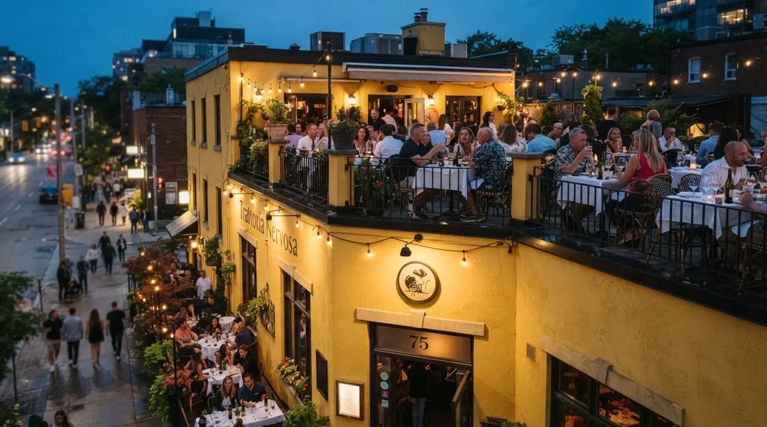 the yellow corner house of Trattoria Nervosa at 75 Yorkville Avenue, rooftop patio tables set above the street on a warm evening