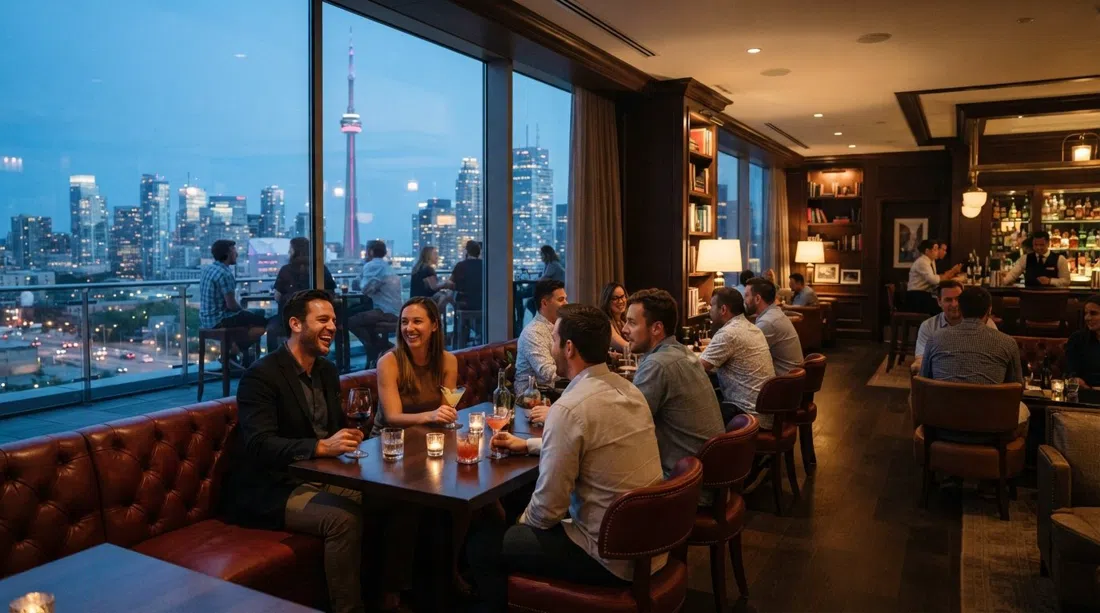 Writers Room Bar on the 17th floor of the Park Hyatt, oxblood banquettes and skyline windows glowing at dusk with the summer balcony open