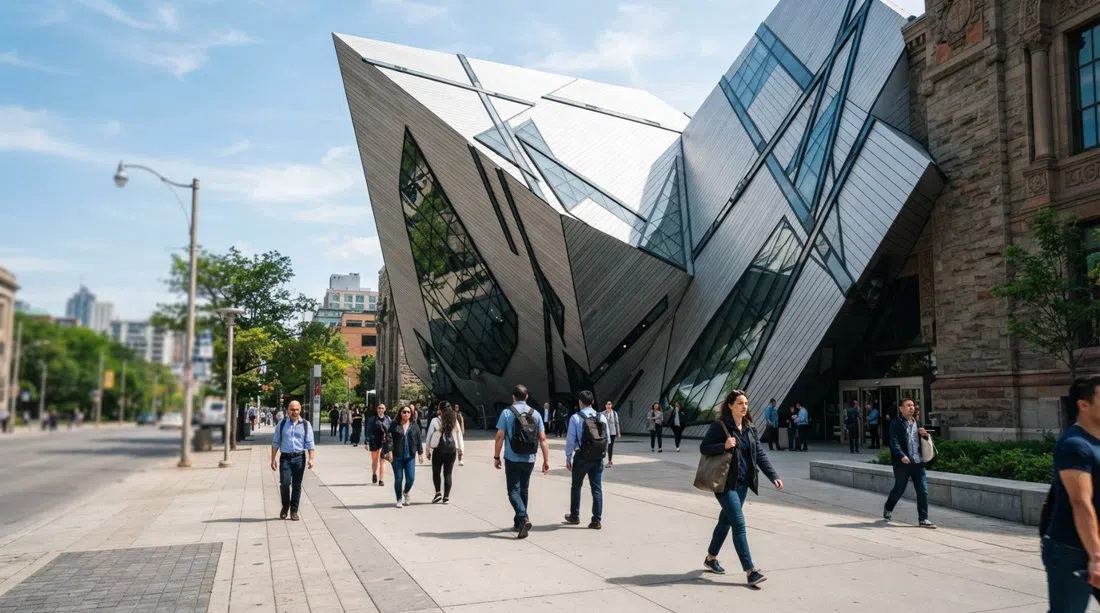the Royal Ontario Museum on Bloor Street with Daniel Libeskind’s Michael Lee-Chin Crystal jutting over the sidewalk in daylight