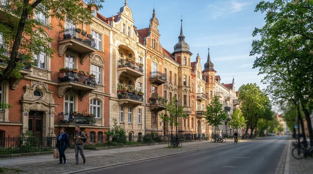 a row of eclectic and Art Nouveau tenements on Bydgoska Street in Bydgoskie Przedmieście, with ornate gables and corner turrets in soft morning light