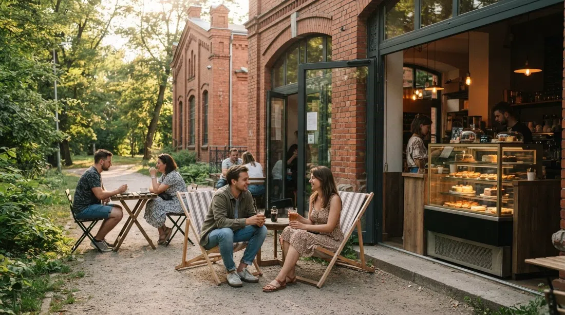 Trafo Cafe in the former transformer station on Konopnickiej, deckchairs outside by the park edge and a pastry case with pastéis de nata in late-afternoon light
