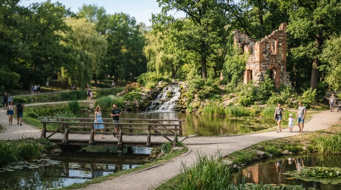 the City Park on Bydgoska Street with its ponds, small cascade and stylised ruin, framed by mature trees in summer greenery
