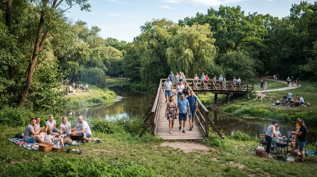 the Martówka recreation loop with its romantic footbridge, grassy banks and summer grilling spots beside the old riverbed