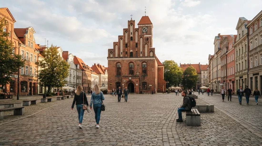 Rynek Nowomiejski in Toruń at late afternoon, the former Holy Trinity church standing in the center of the near-square market square with quiet cobbles and low brick tenements around it
