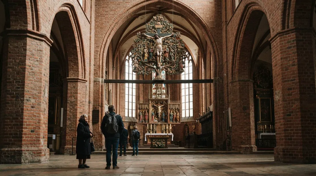 the interior of St James’s Church in Toruń, showing the late-medieval Tree of Life crucifix and dim brick-Gothic nave details in soft daylight