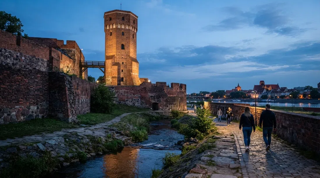 the Teutonic Castle ruins in Toruń at dusk, with the surviving dansker tower rising above low brick walls and a narrow stream below