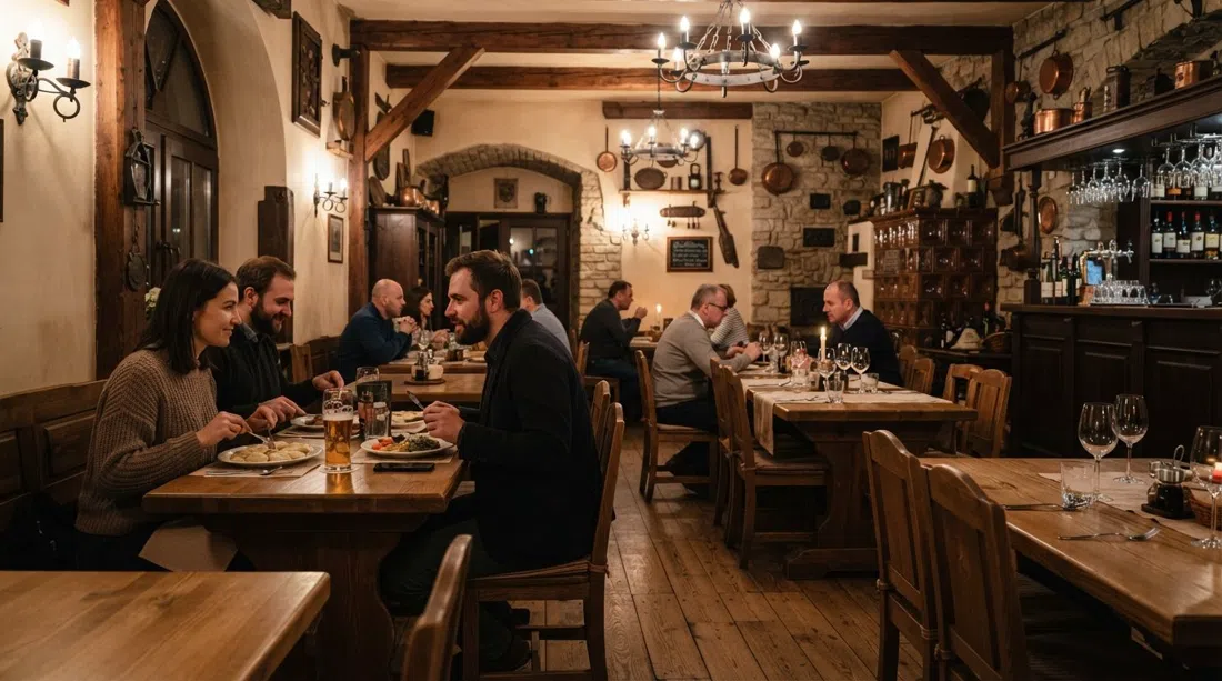the dining room or facade of Gospoda Pod Modrym Fartuchem on Rynek Nowomiejski 8, with historic baroque architecture and a warm, old-inn atmosphere