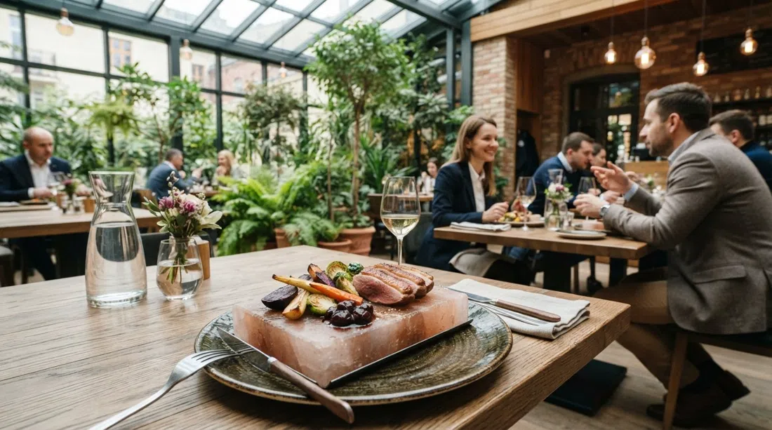 a plated contemporary Polish dish at Restauracja Esencja in Hotel Eter, with a heated salt stone and a plant-filled winter garden setting