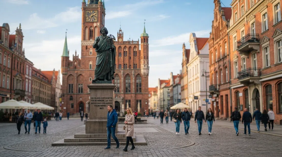 the bronze Copernicus Monument at the edge of Rynek Staromiejski and Szeroka Street, with the Gothic town hall and red-brick facades behind it in soft afternoon light