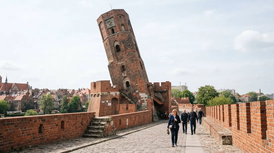 the tilted Krzywa Wieża rising from the medieval walls, its lean obvious against a pale sky and the brick fortifications around it