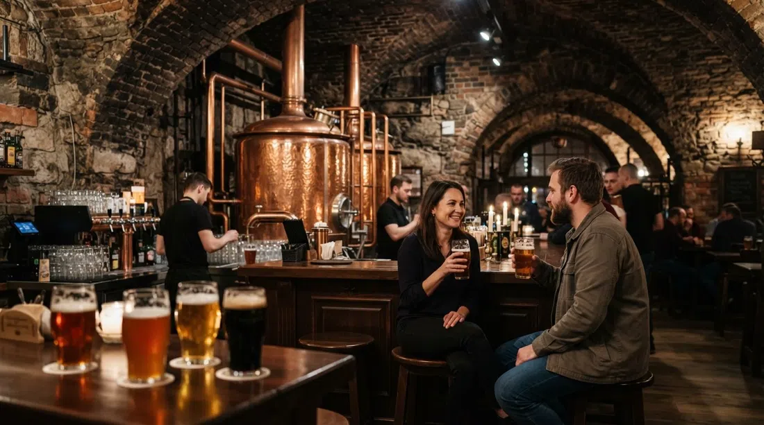 copper tanks and glasses of house beer inside Jan Olbracht Browar Staromiejski, with the Gothic cellar atmosphere and warm evening light on the bar