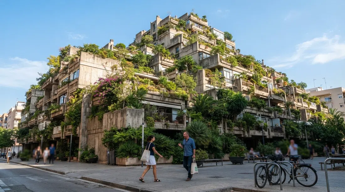 Espai Verd seen from street level, its plant-draped concrete terraces rising in a brutalist vertical village against a clear Valencia sky
