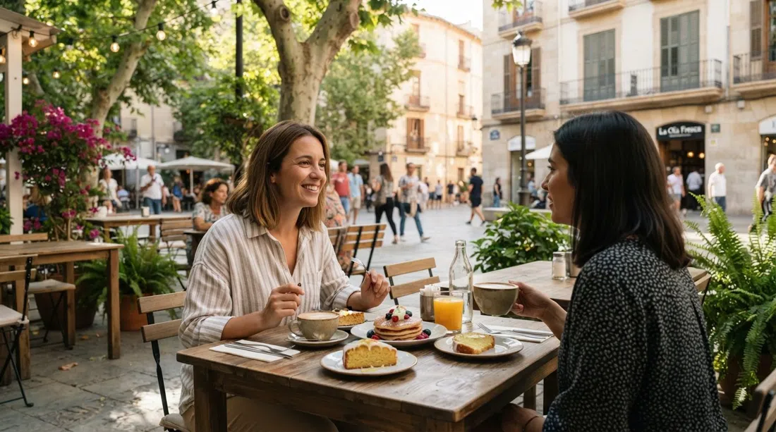 a leafy plaza terrace at La Ola Fresca with fluffy pancakes and lemon cake on the table, morning light and a slow neighbourhood brunch atmosphere