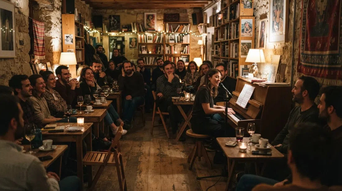 the warm interior of Kaf Café with a piano, small crowd, bookshelves and a poetry-night atmosphere under low evening light