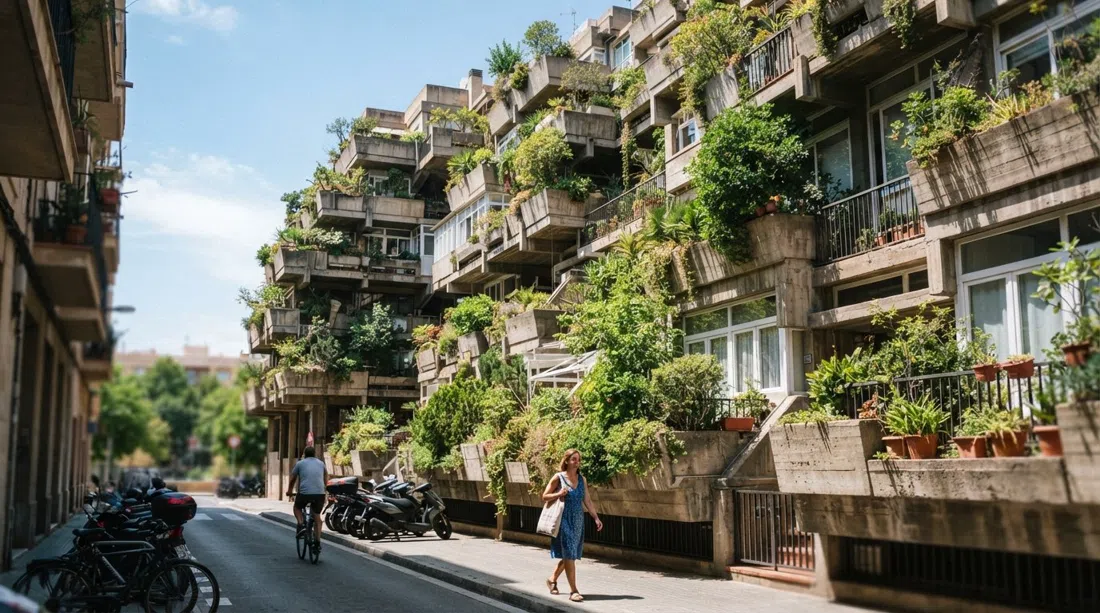 Espai Verd’s stacked terraced flats from the street, concrete balconies softened by dense greenery, viewed at midday