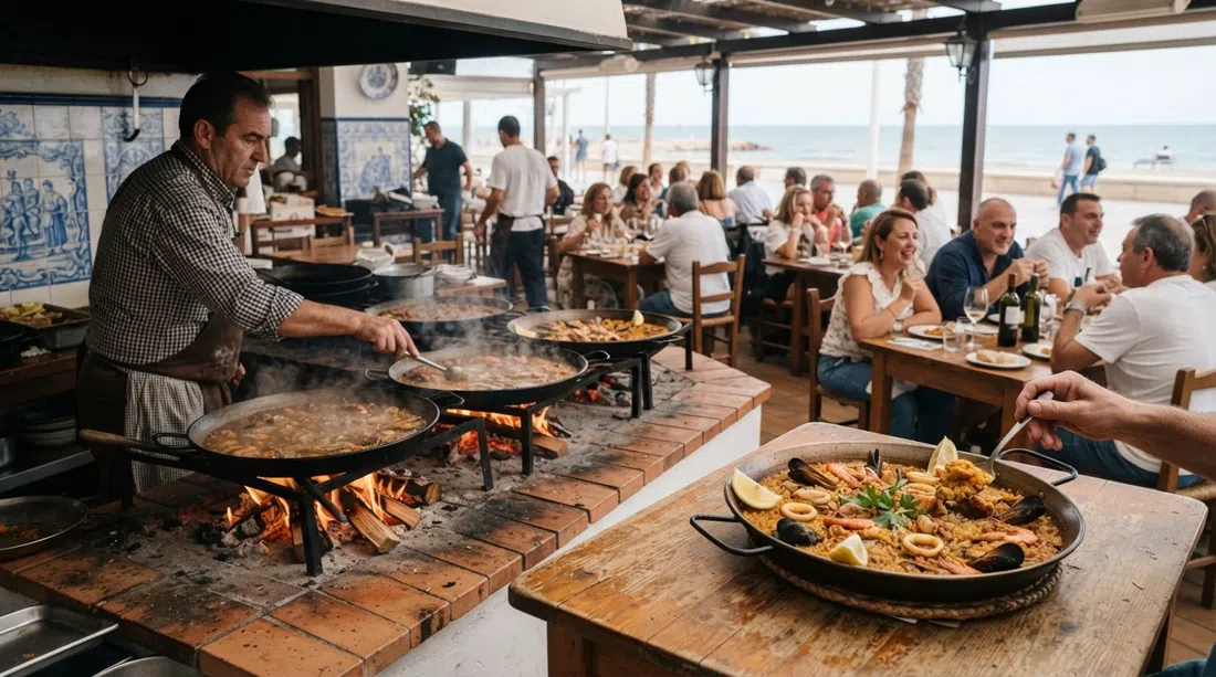 Casa Carmela on the Malvarrosa seafront, orange-wood paella fire and a finished arròs del senyoret at lunch