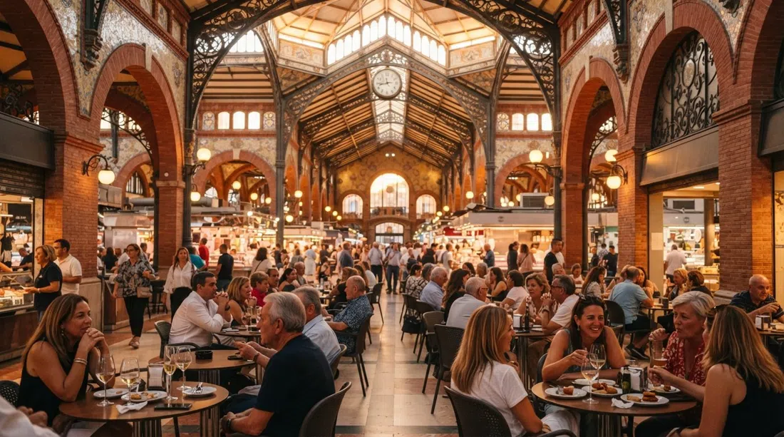 the Mercado de Colón modernista hall at golden hour, red brick arches and wrought-iron canopy glowing above café terraces