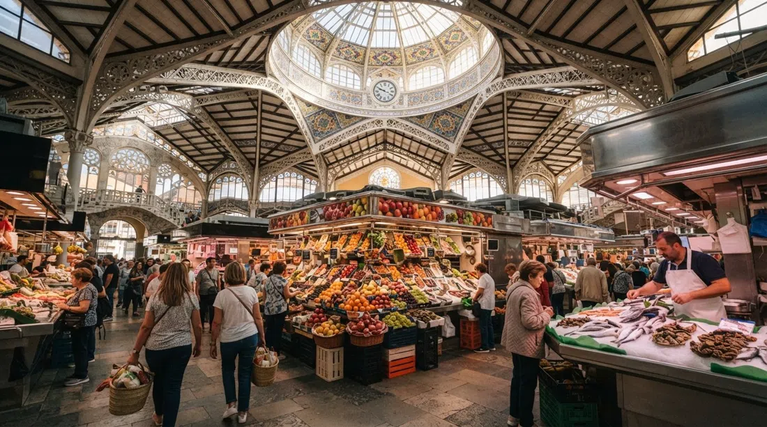 the modernista dome and ironwork interior of Mercado Central, market stalls below with fruit, seafood and warm morning light filtering through glass