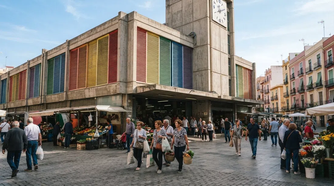 Mercado de Ruzafa’s Brutalist concrete facade with its graded rainbow blinds glowing in late morning light, the market square busy with shoppers
