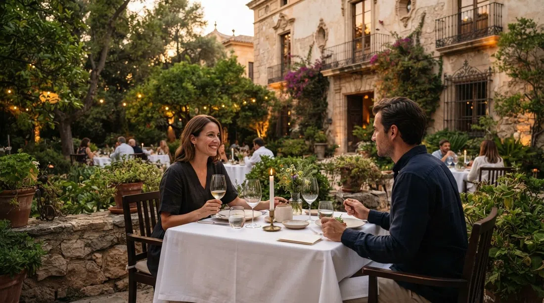 La Salita’s elegant garden setting beside the 18th-century mansion, with a refined tasting-menu table laid for dinner