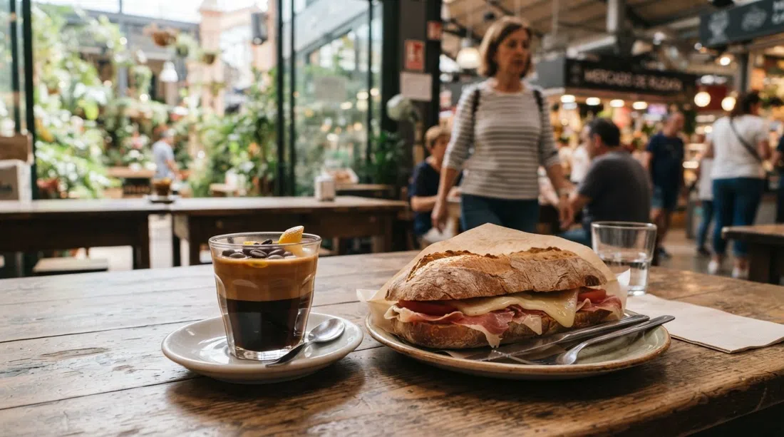 A cremaet and a bocadillo at La Cantina de Ruzafa, seen close-up on a small table with the market’s garden-view light beyond