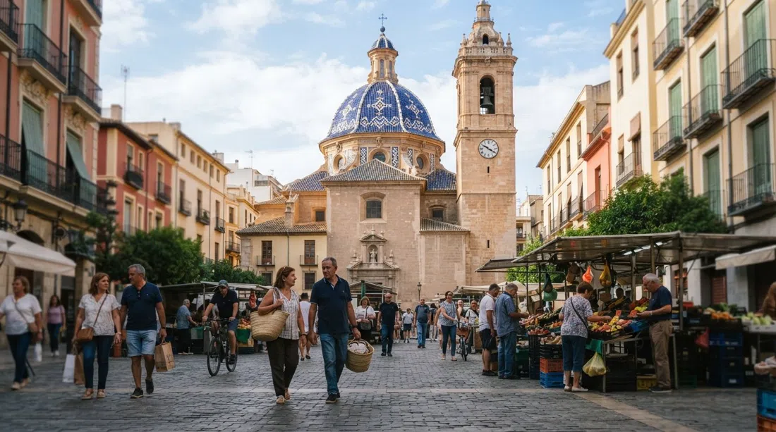 The blue-and-white tiled dome of Church of San Valero rising above the market square, viewed from street level in soft morning light