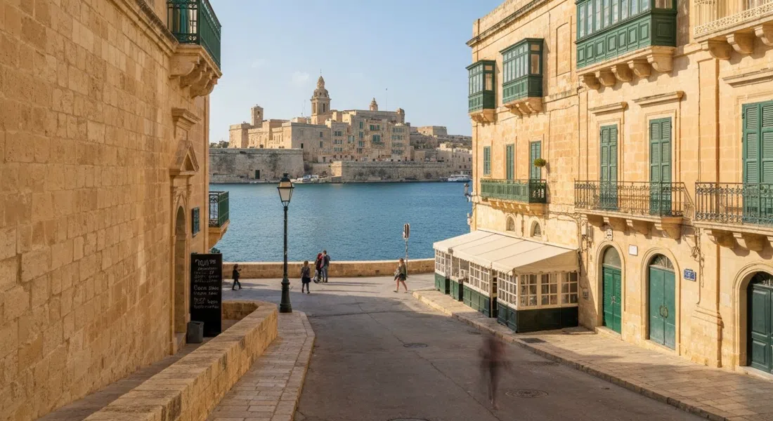 St Barbara Bastion’s honey-limestone townhouses and enclosed timber gallariji facing the Grand Harbour at early morning light, Fort St Angelo across the water