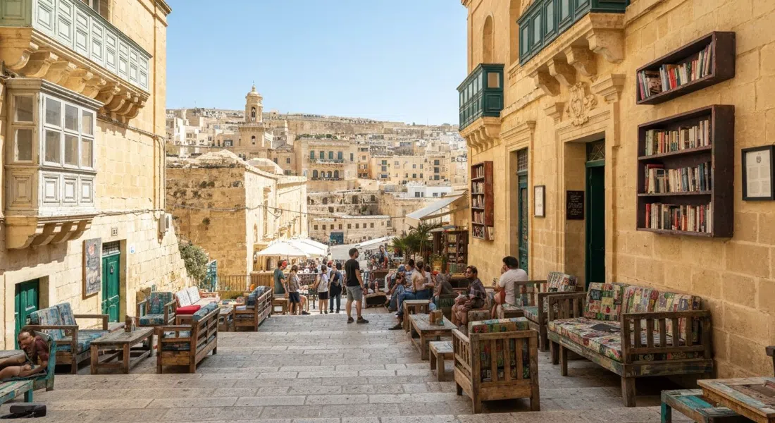 Ġugar Hangout & Bar on the steps toward Fort St Elmo, with upcycled furniture, books on shelves and a casual daytime crowd