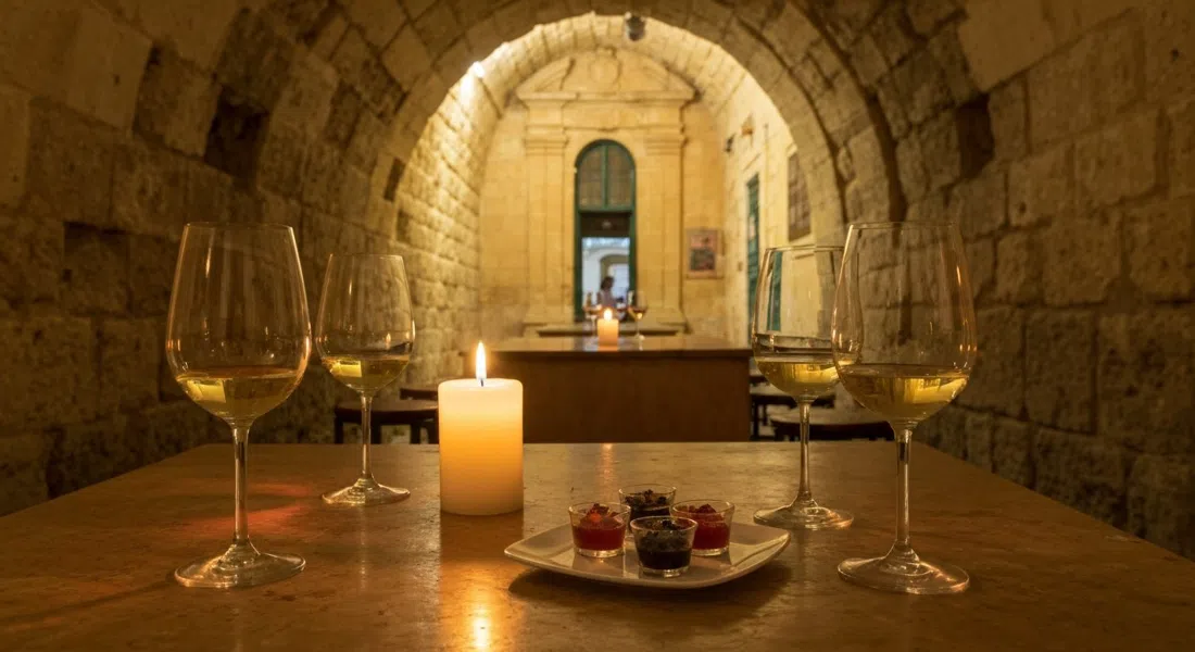 a candlelit cellar table at Legligin on Triq Santa Lucia, with Maltese wine glasses and small tasting plates in the low stone room