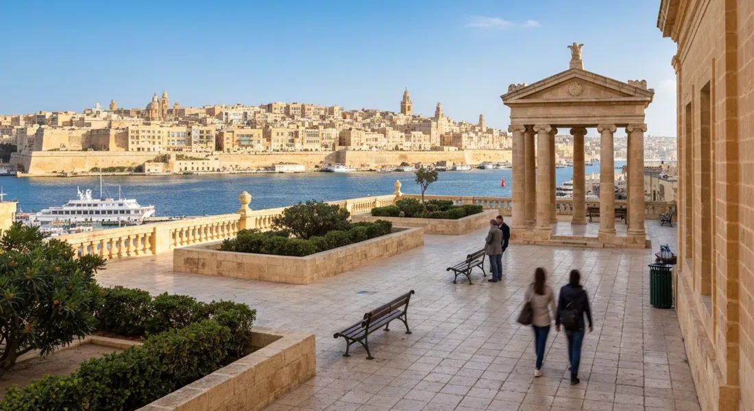 the Lower Barrakka Gardens terrace with the neo-classical temple, benches and the Grand Harbour and Three Cities beyond