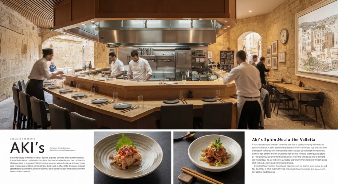 Aki's open-kitchen dining room at 175 Strait Street, Valletta, with counter seating facing chefs and a contemporary Japanese dish in the foreground