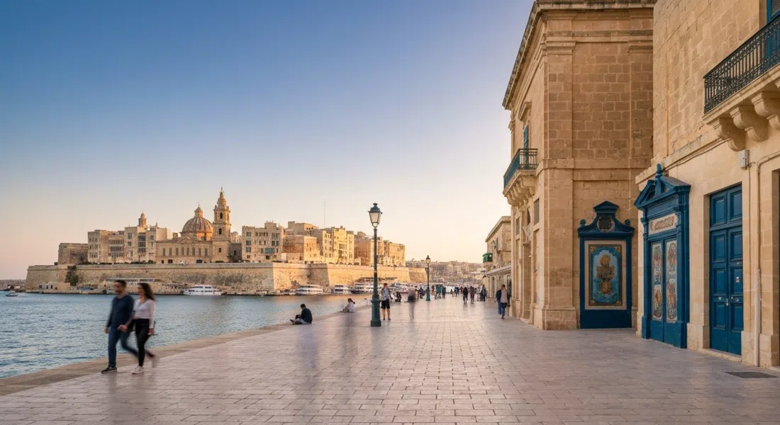 the restored Pinto Stores vaults and painted doors at Valletta Waterfront, wide promenade view with the Grand Harbour and the Three Cities in soft sunset light