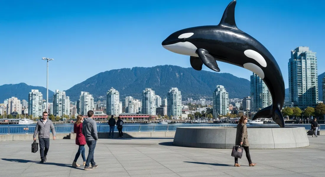 Douglas Coupland’s Digital Orca sculpture on Jack Poole Plaza with the Vancouver harbour and North Shore mountains behind it in clear daylight