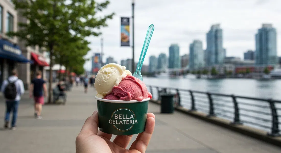 a scoop of Bella Gelateria artisanal gelato in a cup, photographed at street level in Coal Harbour with the waterfront promenade softly blurred behind