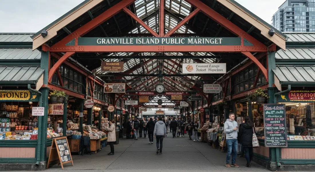 the Granville Island Public Market entrance at weekday morning, with vendor stalls, hanging signs and early shoppers moving through the heritage shed