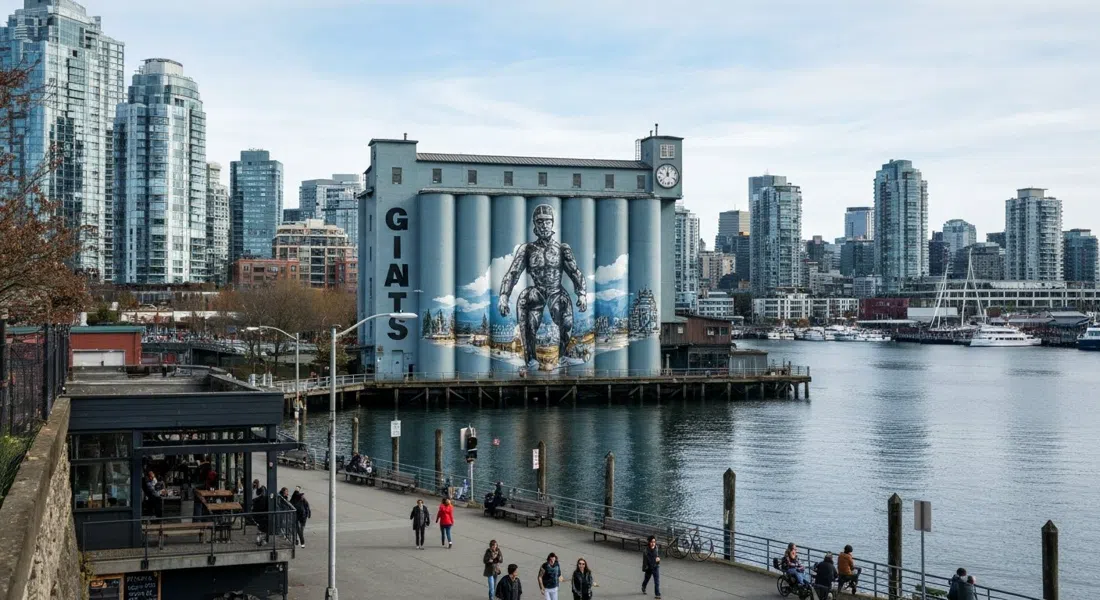 Ocean Concrete’s six painted silos with the Giants mural rising above Granville Island, False Creek and downtown skyline in the background