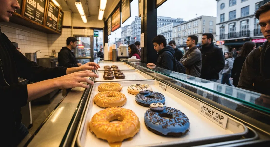 a counter at Lee's Donuts with honey-dip and Cookie Monster rings under bright market lights, hands reaching into the glass case