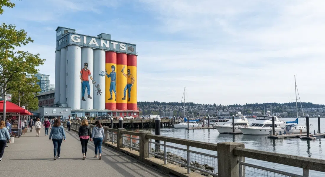the Giants silos at Ocean Concrete seen from the waterfront path, with bright mural figures towering over pedestrians and docked boats
