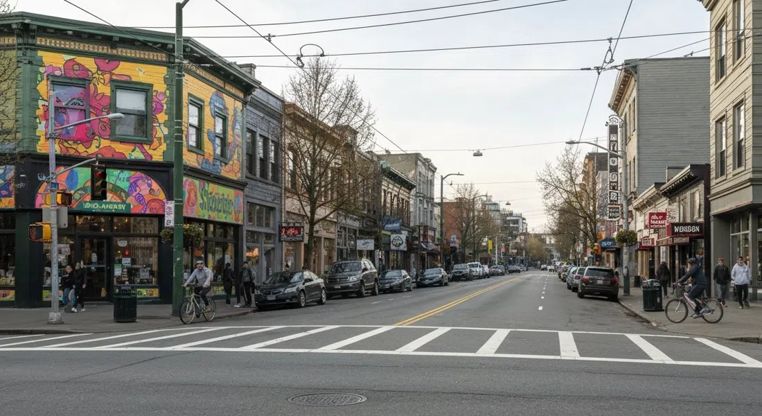 Main Street and Broadway in Mount Pleasant at street level, with large colourful mural walls, bike riders and low-rise storefronts under soft daylight