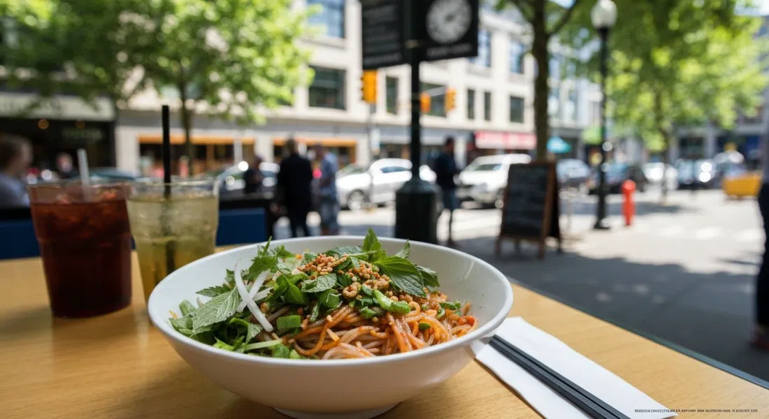 a bowl of Vietnamese noodles and herbs at Anh and Chi on Main Street, bright fresh colours and casual dining-room light