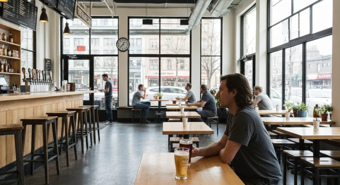 the bright minimalist taproom interior at 33 Acres Brewing on West 8th, with daylight, pale wood tables and pints on the bar