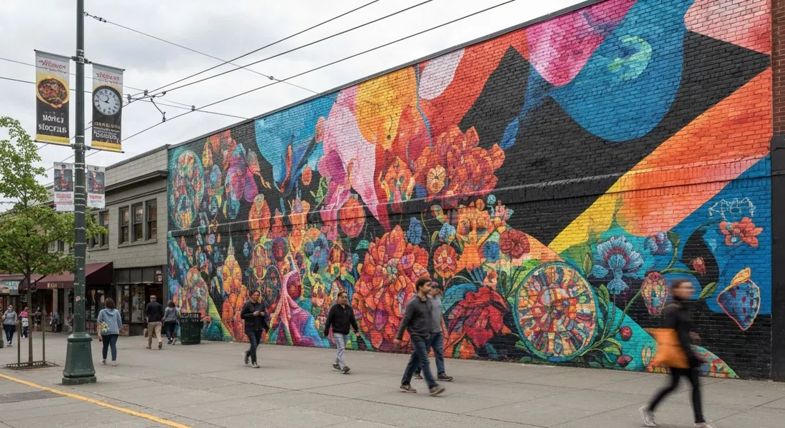 a large Mount Pleasant mural near Main Street and Broadway, filling a brick wall with vivid colour and pedestrians passing below