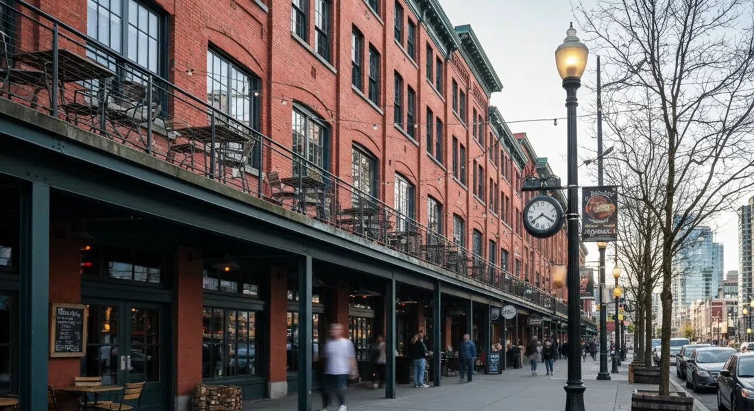 the red-brick warehouse facades and raised loading-dock patios along Mainland Street in Yaletown, late-afternoon light catching the heritage lamp standards and outdoor tables above the sidewalk