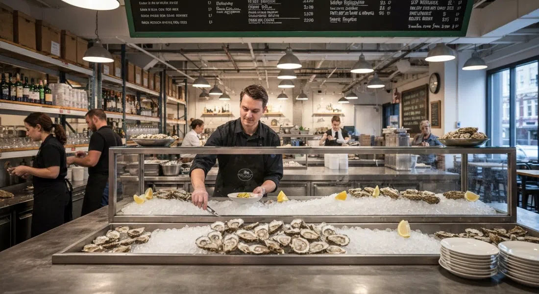 the raw bar inside Blue Water Cafe + Raw Bar on Hamilton Street, oysters on ice and a server finishing a shuck-to-order plate in a softly lit warehouse room