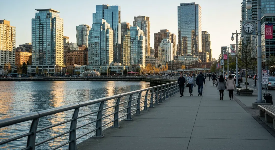 walkers and cyclists on the False Creek seawall in Yaletown at golden hour, water to one side and the glass towers of downtown reflecting the low sun