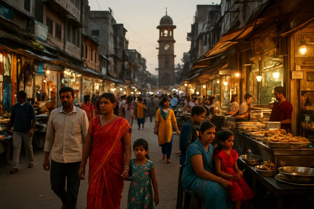 Sadar Bazaar at dusk in Agra Cantonment, shopfronts lit up, families and food stalls filling the largely pedestrian street