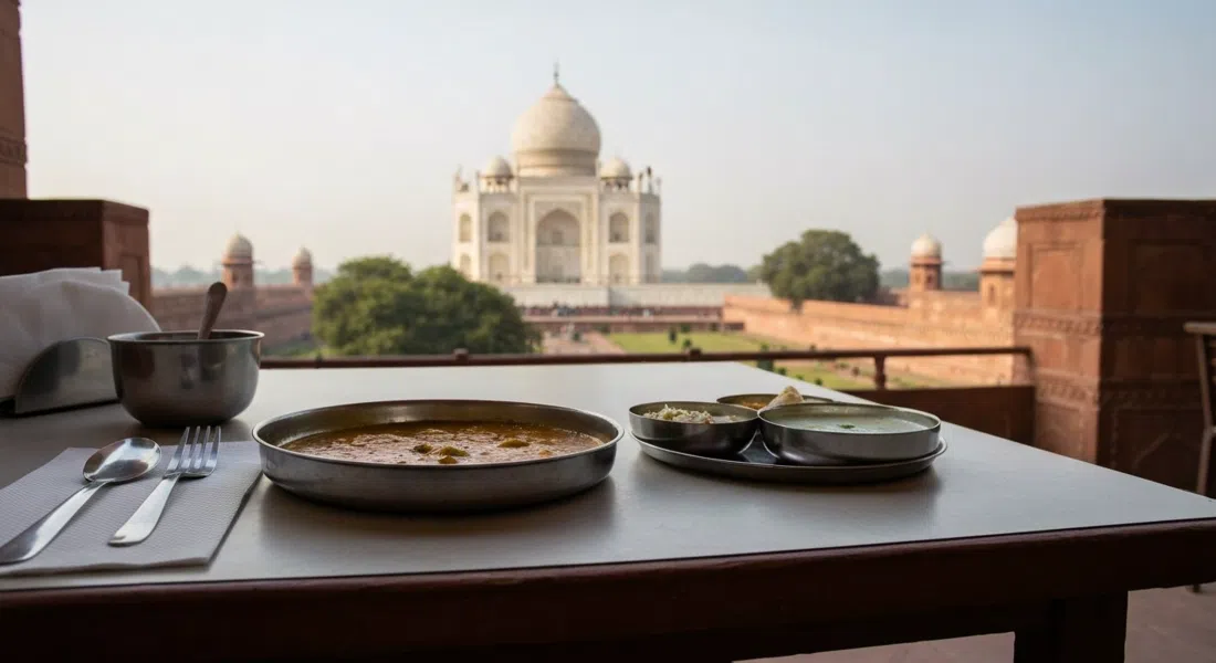a simple thali at Shankara Vegis on a table in the rooftop room, with the Taj view softened in the background and daylight on the stainless-steel plates