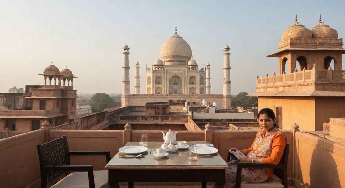 the rooftop terrace at Saniya Palace at breakfast time, a straight-on Taj Mahal dome view beyond the low roofs with plates and tea on the table