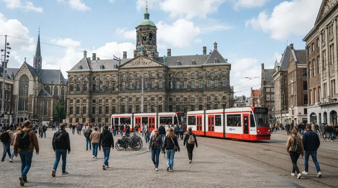 Dam Square in Amsterdam-Centrum with the Royal Palace facing the Nieuwe Kerk, trams and pedestrians filling the stone square under a bright city sky