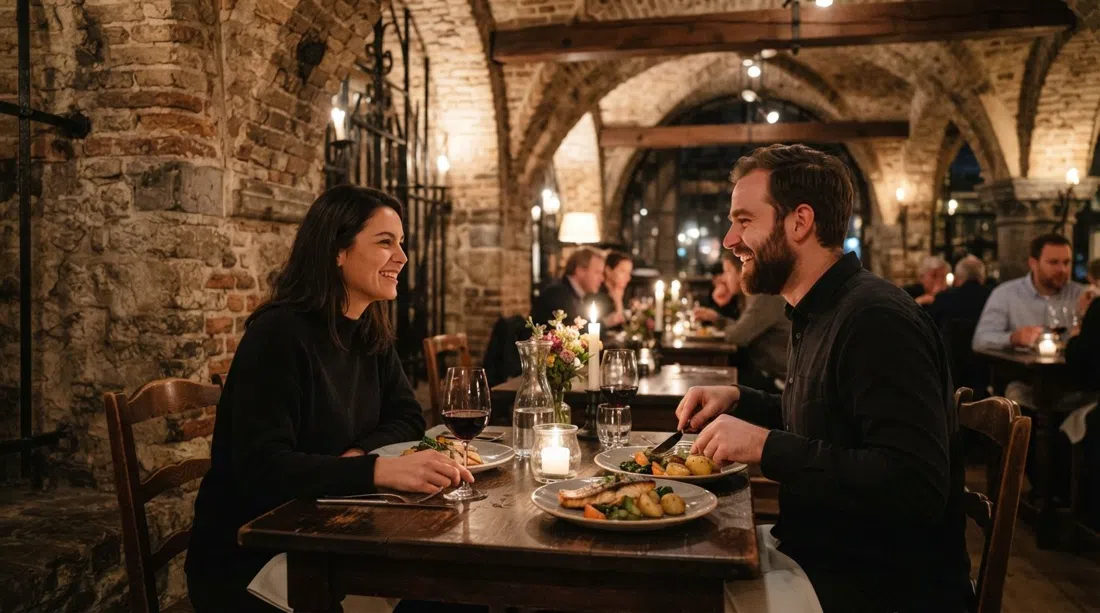 a candlelit table inside In de Waag on the Nieuwmarkt, set beneath the brick arches of the 1488 gatehouse with modern-European plates and soft yellow light